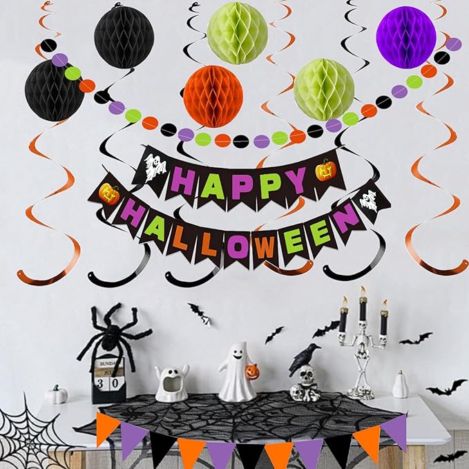 Halloween Party Decorations, Happy Halloween Banner with Honeycomb Balls Paper Circle Garland Triangle Bunting Flag Swirl Streamers for Party Supplies