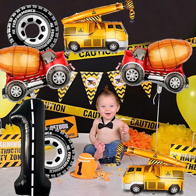 1st Birthday Decorations for Boys Construction Balloons 40inch Number 1 Balloons Truck Foil Balloon for Construction Birthday Party Decorations Supplies