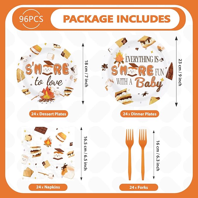 96Pcs S'mores Camping Baby Shower Decorations Everything is S’More Fun with a Baby Plates and Napkins Camping Theme Tableware Set for S’more to Love Kid Camper Campfire Bonfire Party Supplies Serves24