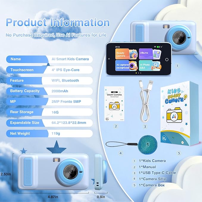 AI Digital Camera for Kids with WiFi, Photo Recognition & Voice Dialogue, 4" Touch Screen AI Kids Smart Camera with Dual Lens, Portable Learning Toy, Christmas Birthday Gift for Ages 3-15 (Blue)