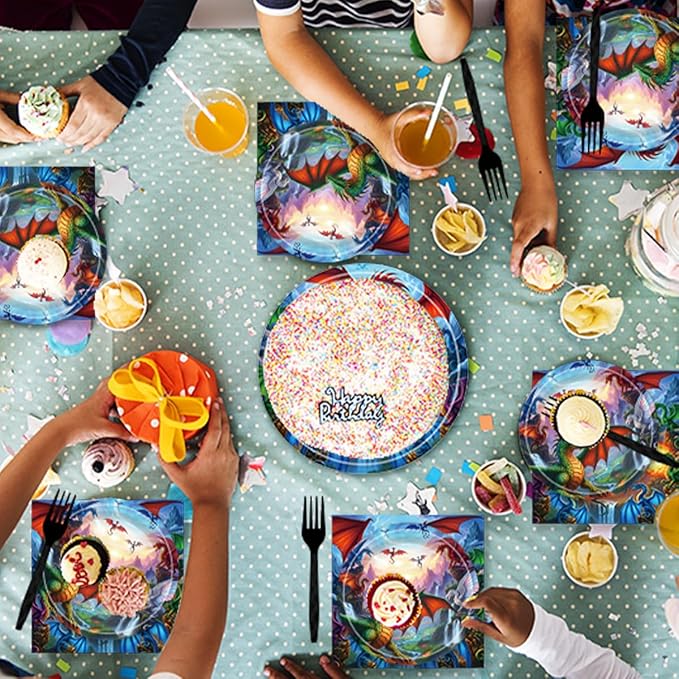 96Pcs Dragon Birthday Decorations Tableware Set - Dragon Happy Birthday Paper Plates Napkins Forks Magical Dragon Theme Party Supplies Serve 24 Guests