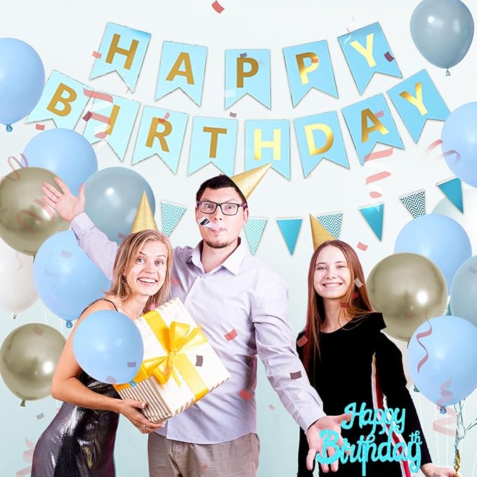 Blue Birthday Decorations, Dusty Blue Happy Birthday Party Decorations With Metallic Sand Gold Dusty Macaron Blue White Balloons Fringe Curtain Banner Cake Topper For Man Woman Party Supplies