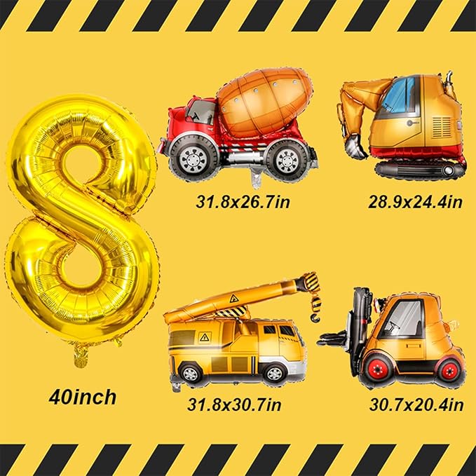 Construction Birthday Party Supplies 8 Year Old, Large Construction Balloons 40Inch Gold Number 6 Balloons Construction Truck Foil Balloons for Boys 8th Construction Birthday Party Decorations