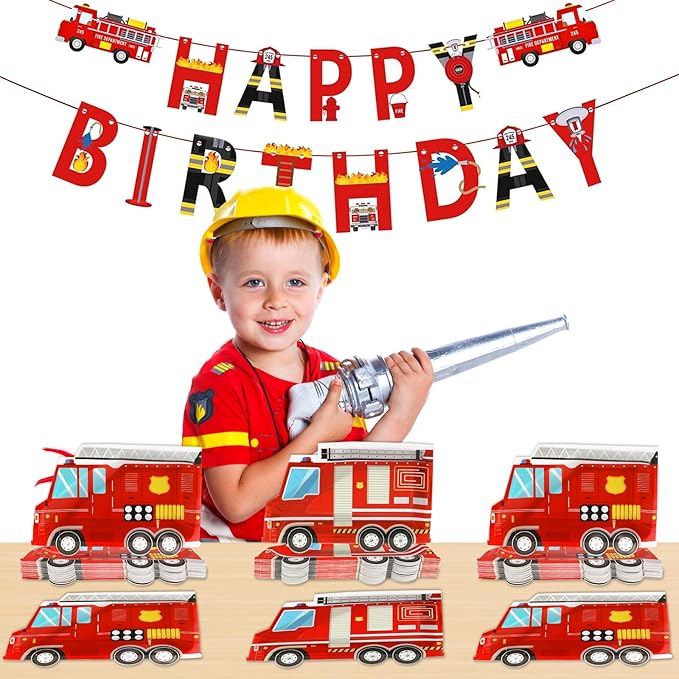50 Pcs Firetruck Birthday Party Plates Fire Truck Shaped Disposable Plates Fireman Paper Plates Firefighter Dessert Plates for Firetruck Birthday Fireman Baby Shower Firefighter Table Party Supplies