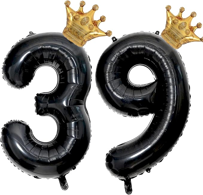 40 inch Large Black 39 Balloon Number with Gold Crown Balloons 39th Birthday Big Foil Mylar Helium Balloon for Boys Girls 39th Birthday Anniversary Decorations Supplies Favors(Number 39 Balloons）