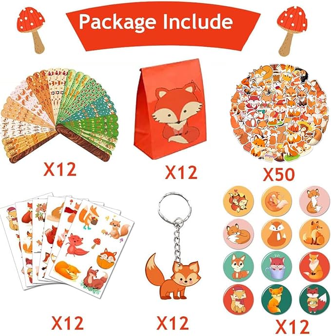 Fox Party Favors 110 PCS Fox Theme Slap Bracelets Sticker Key Chains Badge Temporary Tattoos Gift Bags for Kids Woodland Creatures Fox Birthday Party Baby Shower Jungle Safari Party Supplies