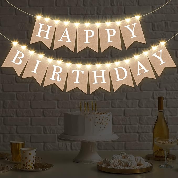 Breling 2 Pieces Burlap Happy Birthday Banner Flags Decor and 2 Pieces Mini LED Fairy Lights Battery Rustic Banner Garland Bunting for Adult Women Men Birthday Party Baby Shower Fireplace Supplies