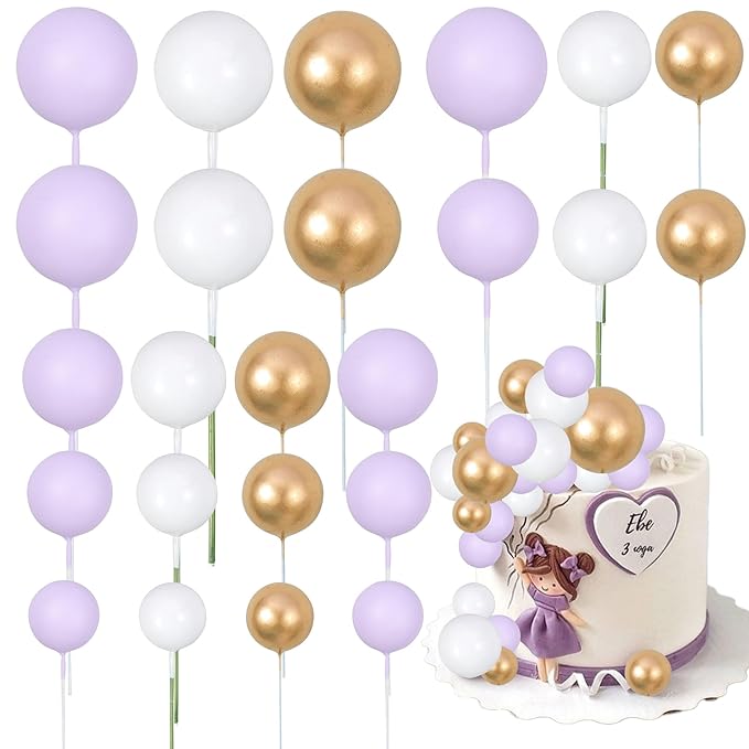 Gyufise 30Pcs Ball Cake Topper Ball Cake Picks Colorful Pearl Ball Shaped Cupcake Insert Cake Topper for Babyshower Birthday Party Favors Wedding Decoration Supplies Purple White Gold