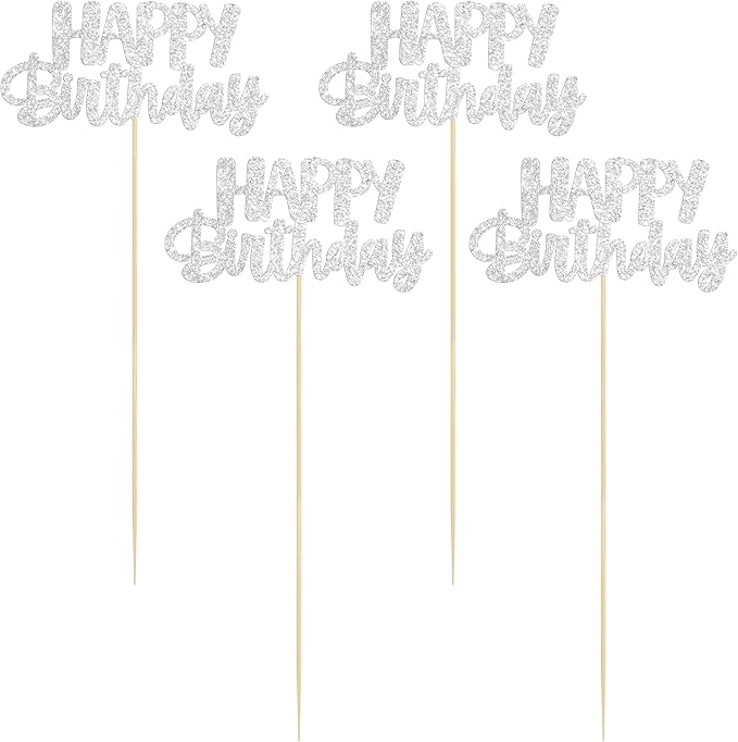 Gyufise 12Pcs Happy Birthday Centerpieces Sticks Double Sided Glitter Birthday Party Decorations Anniversary Table Flower Centerpiece for Celebrating Party Supplies Silver