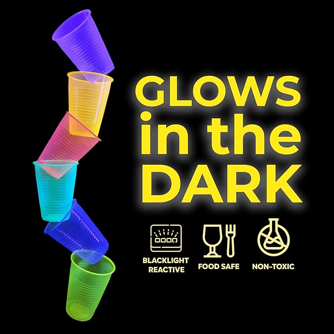 Exquisite Neon Cups 60 Pack 16 Oz | Colored Plastic Cups | Ideal For Blacklight Glow In The Dark Parties, Birthdays Or Any Event | Disposable, Food Safe