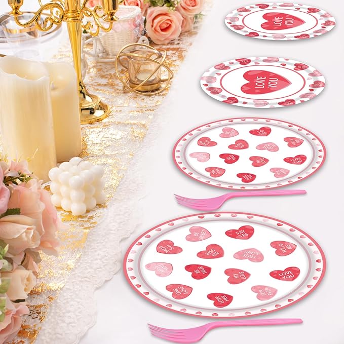 96 Pieces Valentine’s Day Tableware Set – Red and Pink Heart Message Disposable Plates, Napkins, Forks For Valentine’s Parties, Weddings, Anniversaries, Romantic Dinners – Serves 24 Guests