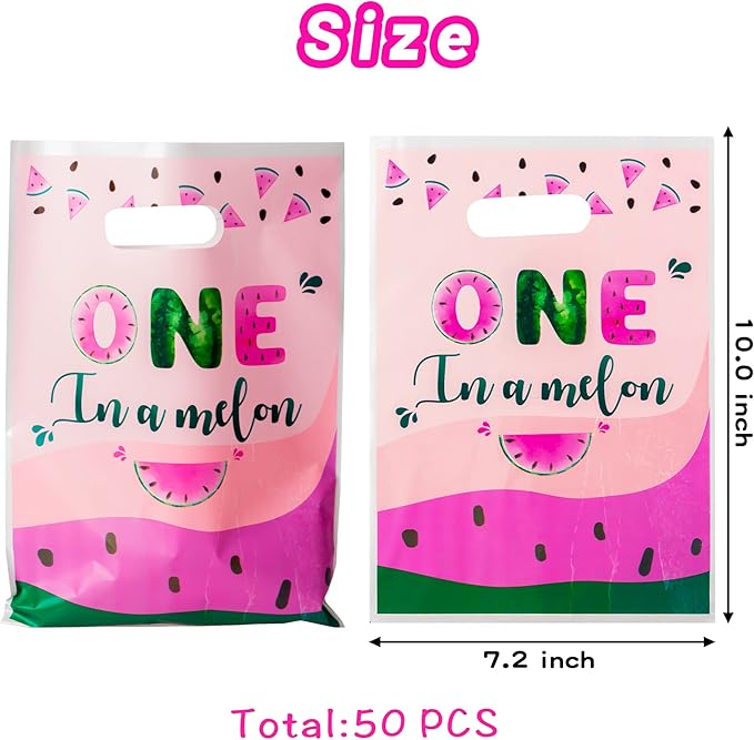 50Pcs One in A Melon Party Favor Bag Watermelon Themed Waterproof Goodie Bag with Die Cut Handles Summer Glossy Plastic Candy Gift Bags for Kid First Birthday Baby Shower Decoration Supplies