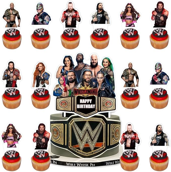 25 Pcs Wresting Cake Topper and Cupcake Toppers Set Birthday Party Supplies for Wresting Themed Birthday Decorations