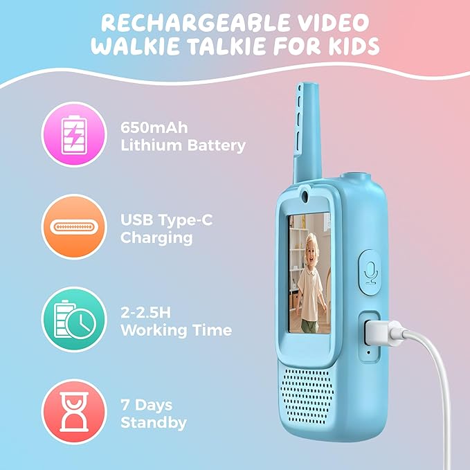 Video Walkie Talkies for Kids, 2 Pack Rechargeable Walkie Talkies with Screen, Long Range 2 Way Radio with 4 Voice Effects, Christmas Birthday Gifts for Age 3-12 Boys Girls Indoor/Outdoor/Camping