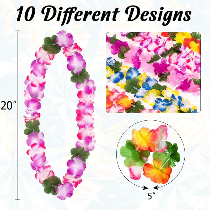 Moon Boat 60 Pieces Hawaiian Luau Leis - Tropical Tiki Hibiscus Flowers for Summer Pool Party Favors Supplies Decorations - 10 Styles