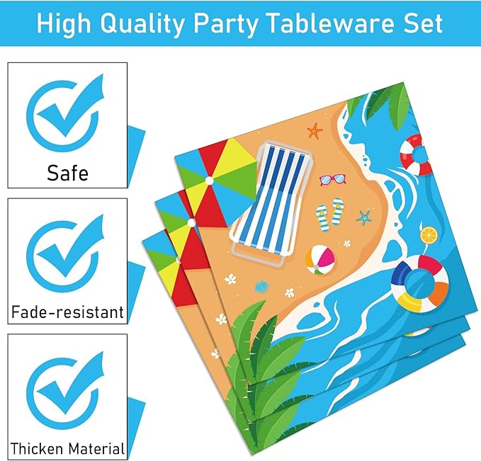 96 Pcs Beach Party Supplies Paper Plates Napkins Summer Beach Hawaiian Pool Party Birthday Decorations Favors for Kids Serves 24