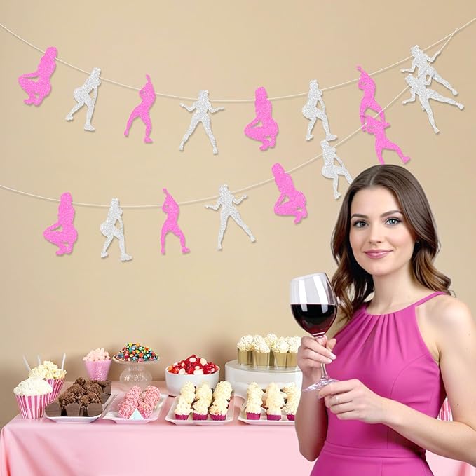 Cheereveal 2 Pack Twerk Garlands Hot Pink and Silver for Girls Woman, Pole Dance Glitter Banner Decorations, Funny Stripper Theme Bachelorette Birthday Bridal Shower Engagement Party Supplies