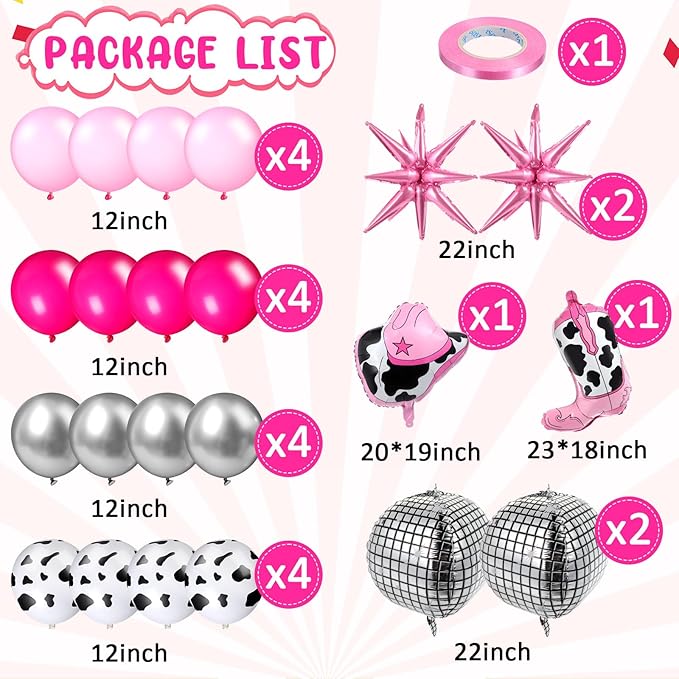 Hungdao 23 Pcs Cowgirl Theme Party Balloons Set Cow Print Cowgirl Hat Boot Pink Silver Star Balloons Ribbon for Western Theme Decorations Retro Horse Rodeo Party Supplies(Classic)