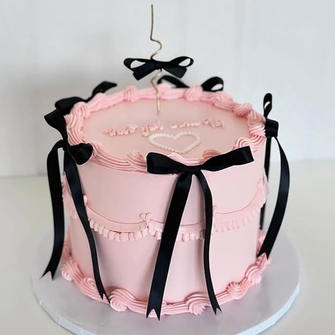 Black Bow Cake Topper Coquette Bows Cake Decorations Black Bows Ribbon Bowknot for Cake Dessert Birthday Decorations Bridal Baby Shower Wedding Party Supplies