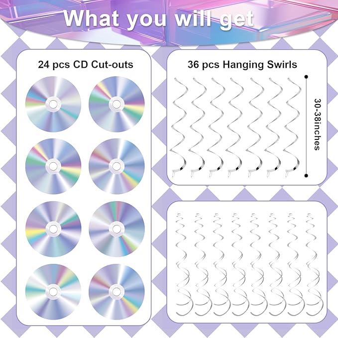 60 pcs 90s Disco Party Decorations Y2K 2000sTheme Party Hanging Swirls CD Cutout Wall Decor Sign with Hanging Swirls Ceiling for 50s 70s 80s Music Party Birthday Party Favors Supplies