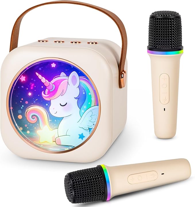 Mini Karaoke Machine with 2 Wireless Microphones, Portable Bluetooth Speaker for Kids & Adults, Ideal Birthday for Girls Boys Ages 3-12, Home Party Travel Entertainment Toy (White)