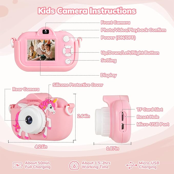 Kids Camera Toddler Toys for Girls, 3-12 Year Old Girl Birthday Gifts Toys, 48MP HD Kids Digital Camera for Kids, 1080P HD Video Toddler Camera Kid Toys Gifts for 3 4 5 6 7 8 9 10 Year Old Girls