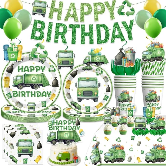 198 Pcs Trash Truck Birthday Decorations Garbage Truck Waste Management Party Supplies Banner Balloons Plates and Napkins Set with 2 Pcs Tablecloth Recycling Rubbish Truck Birthday for Boys Girls