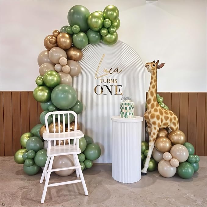 Sage Green Brown Safari Balloons, 60PCS Dusty Olive Green Coffee Beige Metallic Gold Eucalyptus Latex Balloon, Camo Army Hunting Balloons for Woodland Baby Shower Birthday Party Decorations Supplies