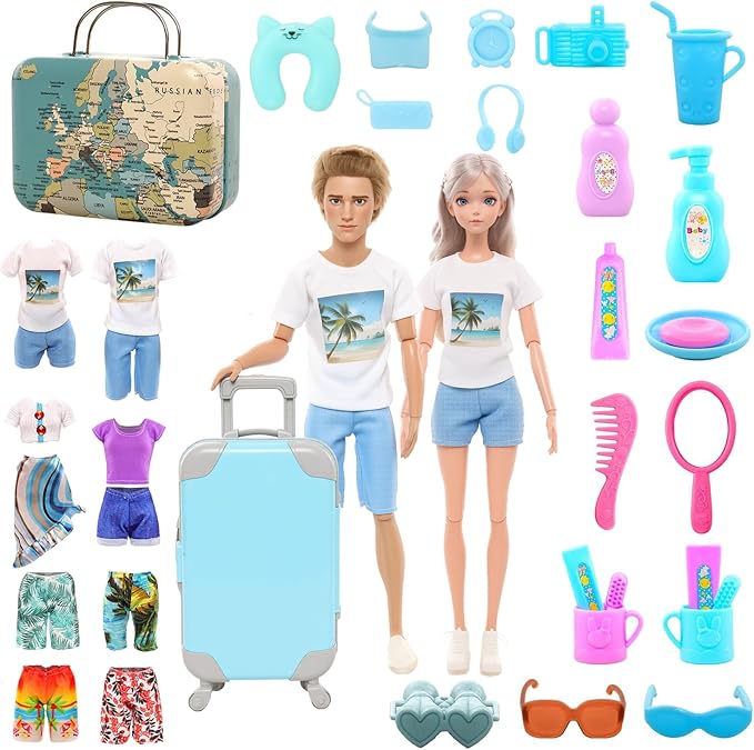 Miunana 28PCS Travel Clothes and Accessories Blue Trunk Suitcase 2 Girl Doll Clothes 1 Boy Suits 8 Life Accessories 12 Wash Telescope Sunglasses （Not Include Doll）