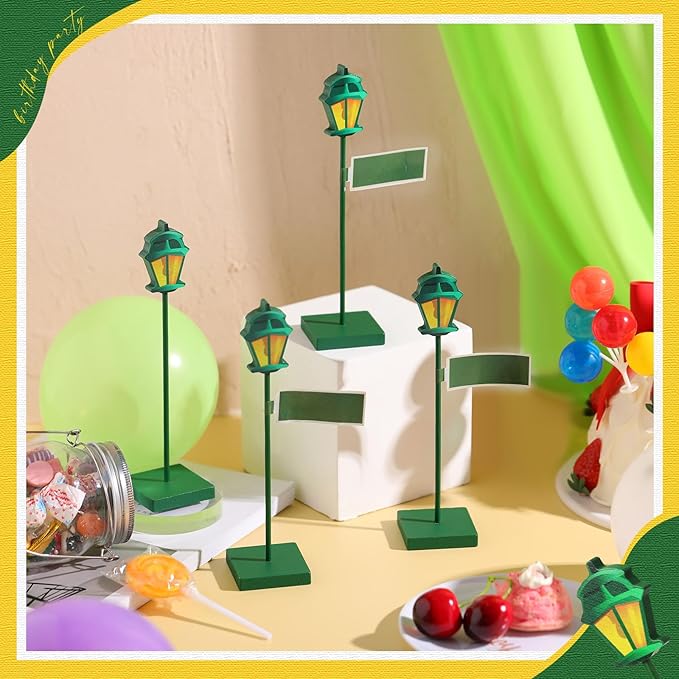 6 Pcs Street Sign Lamp Post Centerpiece Wooden Lamp Post with Street Party Sign Sticker for Toy Decor Friend Birthday Party Supplies Decoration(Green)