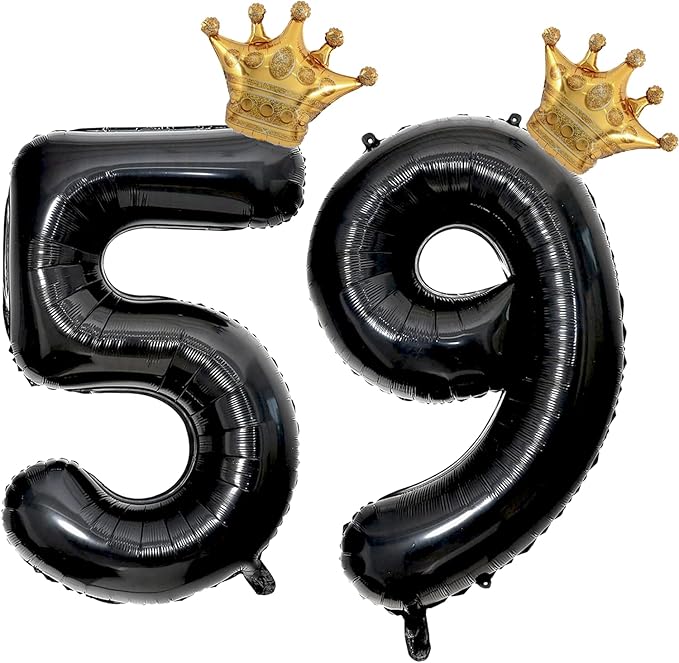 40 inch Large Black 59 Balloon Number with Gold Crown Balloons 55th Birthday Big Foil Mylar Helium Balloon for Women Man 59th Birthday Anniversary Decorations Supplies Favors(Number 59 Balloons）