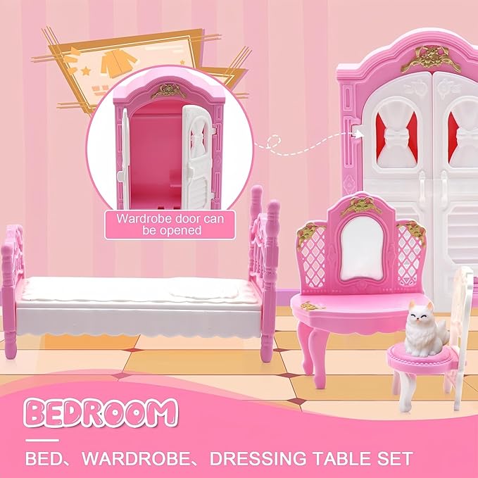 36Pcs Dollhouse Furniture Sets,Miniature 1:12 Scale Doll House Accessories and Furniture with Cat,Dog,Kitchen, Dining Room, Living Room,Bedroom for Playhouse Toy(Pink)