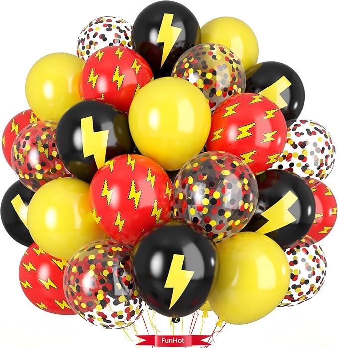 Red Yellow Black Balloons, 50PC 12 Inch Black Red Yellow Confetti Lightning Printed Balloons for Boys Birthday Baby Shower Graduation Party Decorations