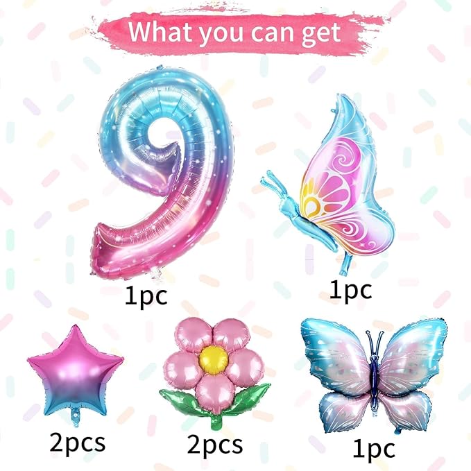 Sowide Butterfly Balloons 9th Birthday Decorations, Pink & Blue, 7pcs Including Giant Number 9, Butterfly, Flower & Star Balloons, Perfect for Girls' 9th Birthday Parties