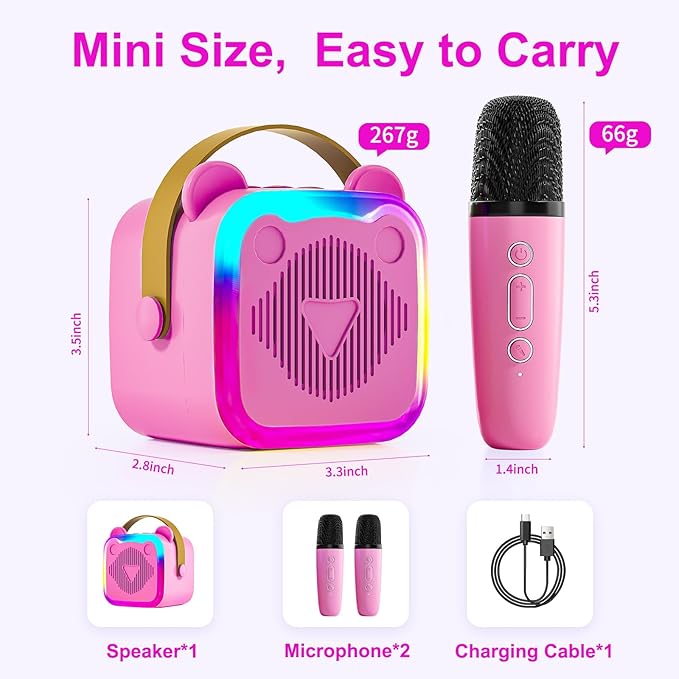 Mini Karaoke Machine for Kids: Portable Singing Toys Speaker with 2 Wireless Microphones for Girls and Boys Ages 3-12+ Years Old（Rose-red）