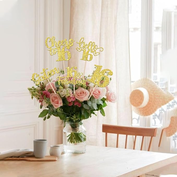 15PCS Happy 16th Birthday Centerpiece Sticks Hello 16 Fabulous Table Flower Centerpieces Sticks Sixteen Cheers to 16 Years Floral Decoration for Happy 16th Birthday Party Centerpieces Sticks Gold