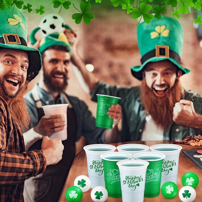 Pickmesh 30 Pack St. Patrick's Day Party Game Set, 22 Pack 16 oz St Patricks Day Plastic Beer Cups and 8 Pack 1.5in Green Shamrocks Balls Beer Game Set for Irish Festival Party Games Favors