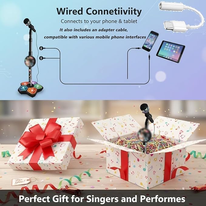 Star Microphone with Stand, 2026 New The All in One Microphone Toy with Stand Adjustable, Built-in Music, Colorful Lights&Echo Effects, Microphonetoy Karaoke Machine for Singing, Music Play (Blue)