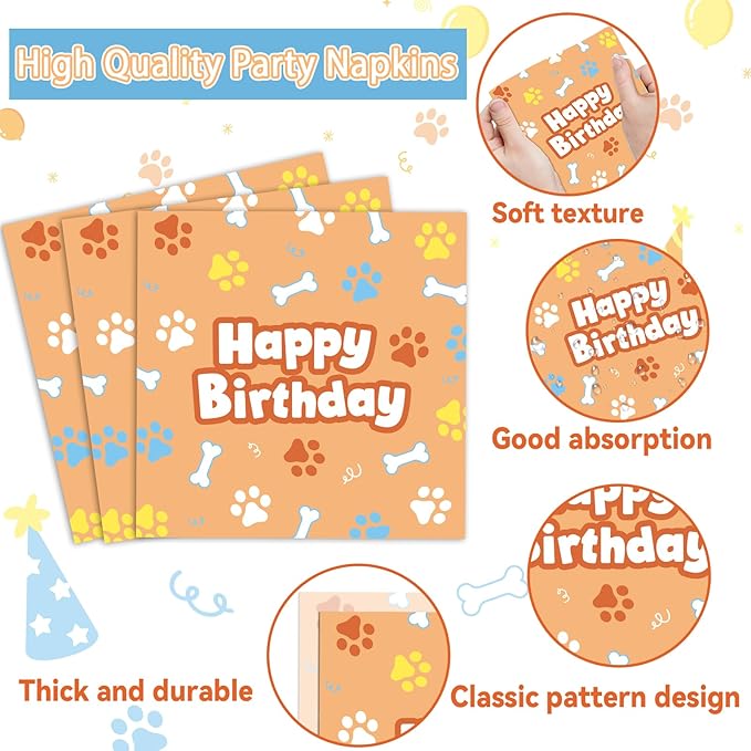 96Pcs Blue Dog Happy Birthday Party Supplies Cartoon Puppy Paper Plates and Napkins Disposable Paw Tableware Dinnerware Set for Kids Dogs Parties Decorations Favors Baby Shower Serve 24