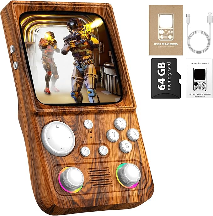 R36TMAX Retro Gaming Console, 4.0'' IPS Screen, Retro Handheld Game Console with 18000+ Classic Games Supports WiFi Networked Fighting and OTG, 4000mAh Battery, with Portable Case(Wood Brown 64GB)