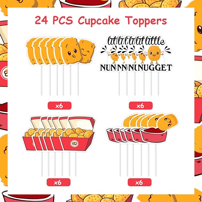 Cheereveal 24Pcs Chicken Nugget Cake Decorations, Little Nugget Cupcake Toppers, Fast Food Fried Chick Theme Birthday Baby Shower Cake Picks Party Supplies