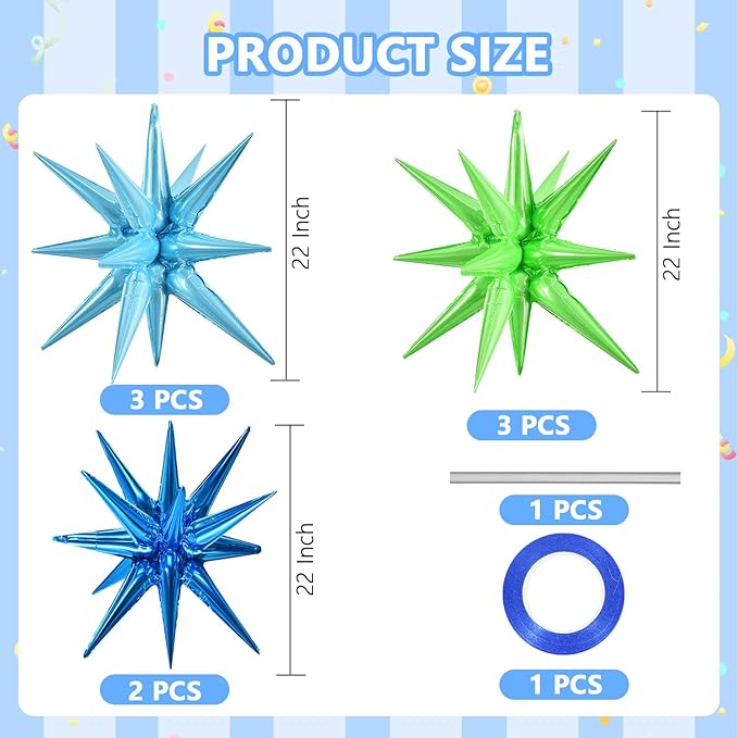 TONIFUL 8 Pcs Blue Green Foil Balloons Large Star Balloons Explosion Star Mylar Balloons for Party Backdrop Christmas New Year Birthday Wedding Baby Shower Anniversary Photo Booth Supplies