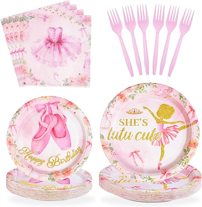 96Pcs Ballerina Birthday Party Decorations Tutu Cute Ballerina Plates and Napkins Tableware Sets Ballet Party Decorations for Girls Bday Baby Dancing Ballet Tutu Cute 2nd Birthday Supplies Serves 24