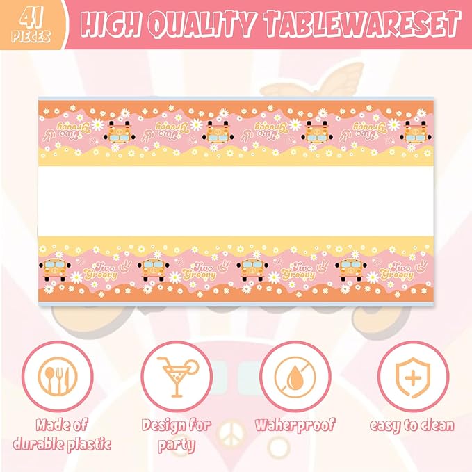 41pcs Two Groovy Party Supplies,include 20 Dessert Plate,20 Napkin and 1pcs Tablecloth,Used for Retro Hippie Rainbow Boho Birthday Party Decoration