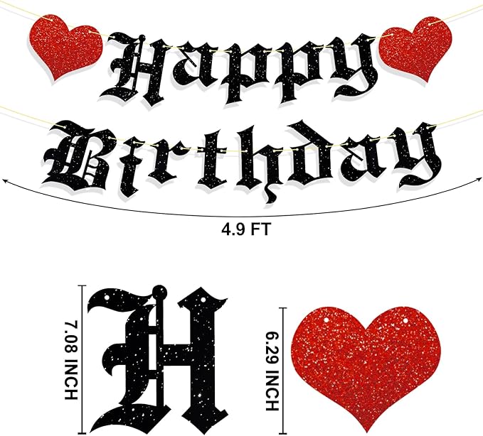 Pre-Strung Goth Birthday Decorations, No DIY Gothic Happy Banner Glitter Funeral Party Supplies