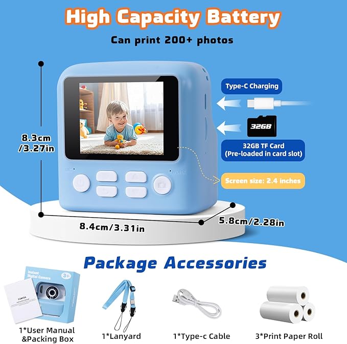 Kids Camera Instant Print with 1080P HD | Children's Digital Camera with 2 Printing Modes | Video Recorder, Timer Delay, for 3-12 Year Old Boys Girls Birthday Christmas with 32GB SD Card