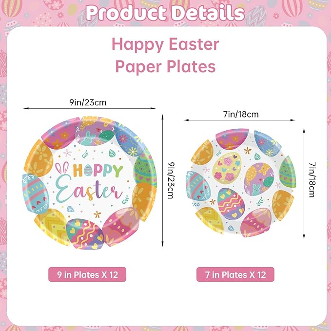 24 Pcs Happy Easter Paper Plates - Cute Round Spring Easter Plates, Colorful Eggs Dinner Dessert Plate Disposable Dinnerware Set for Spring Holiday Easters Party Table Decorations Supplies Favors