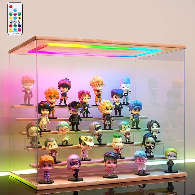 Clear Acrylic Display Case with Light , 6 Tier Multiple Color Lights Display Box Stand Assembly Dustproof Protection Showcase for Collectibles Action Figures (Wood 6 Tier L 19.7*12.6*16.5in)