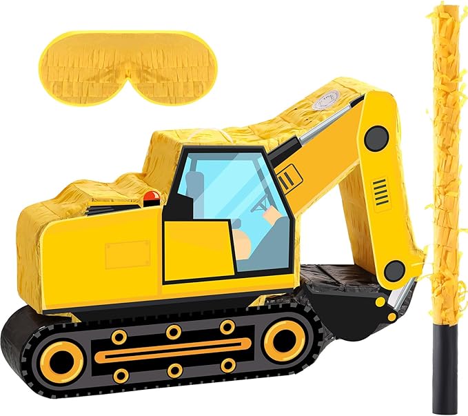 Aoriher Construction Dump Excavator Piñata with Blindfold and Bat Tractor Truck Piñata for Birthday Party Supplies Construction Theme Decor