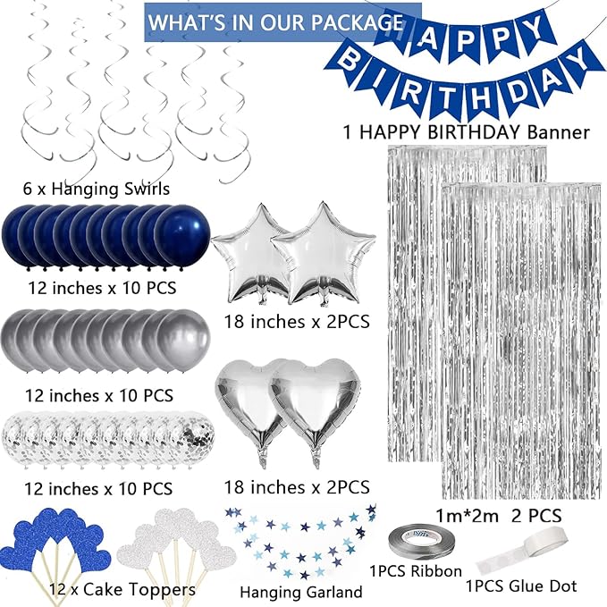 Birthday Decorations for Men, Blue Birthday Party Decorations for Him Her Men Women Boys Girls, Happy Birthday Balloons for Party Decor Suit For 16th 20th 21st 22th 25th 30th 35th 40th 50th 60th 70th